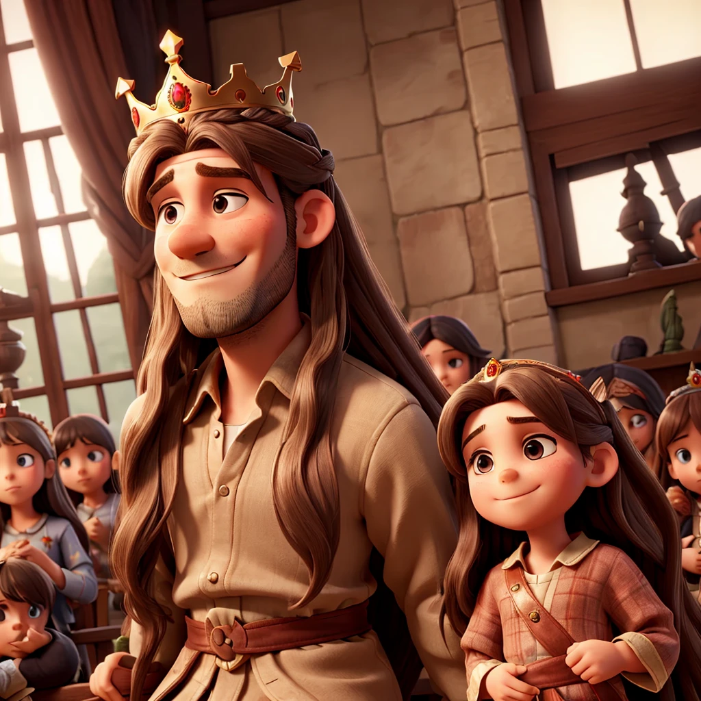 Man with long hair with crown on his head with many children around