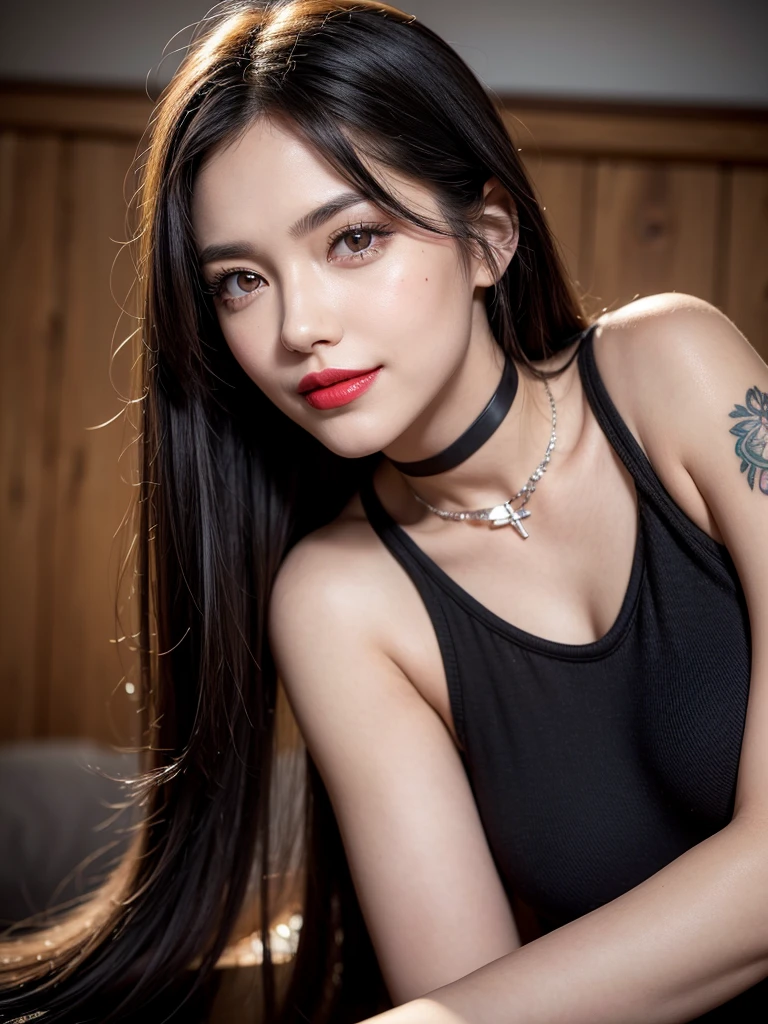 1girl, alone, solitary, high quality, (best quality,4k,8k,highres,masterpiece:1.2),ultra-detailed,(realistic,photorealistic,photo-realistic:1.37),gorgeous hair,black hair,long straight hair with bangs,sharp eyes,mole under the eye,plump lips,jewelry,(high detailed skin:1.4),(rim lighting:1.3),(lit:1.3),(sunny day:1.3),portrait,beautiful lips,waist-length hair,seductive gaze,moles,casual clothes,colorful clothing,close up,super long hair,choker necklace,tattoos,tattooed,light eyes,bangs,fringe,20 year old,dimples on the cheeks,dimples,black hair,darkblackhair,dark jet black hair,black,dark hair,beautiful smile,perfect teeth,straight teeth,perfect sized teeth,dazzling smile,red lips,red lipstick