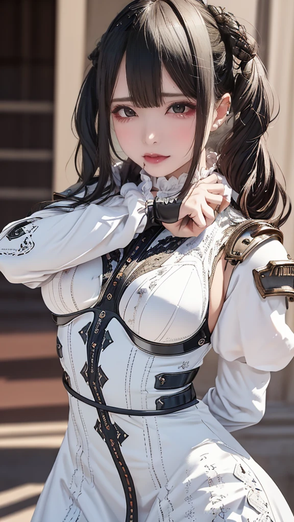 (dynamic fighting pose),(leather boots,(asymmetrical mecha armor),(long embroidered white lace dress,see through,lift up the hem of the dress)),(random hairstyle),(Thin type:1.8),(large breasts),(Highest image quality,(8K), Ultra-realistic, Best Quality, High quality, High Definition, high quality texture, high detailing, Beautiful detailed, fine detailed, extremely details CG, Detailed texture, realistic representation of face, masterpiece, presence)