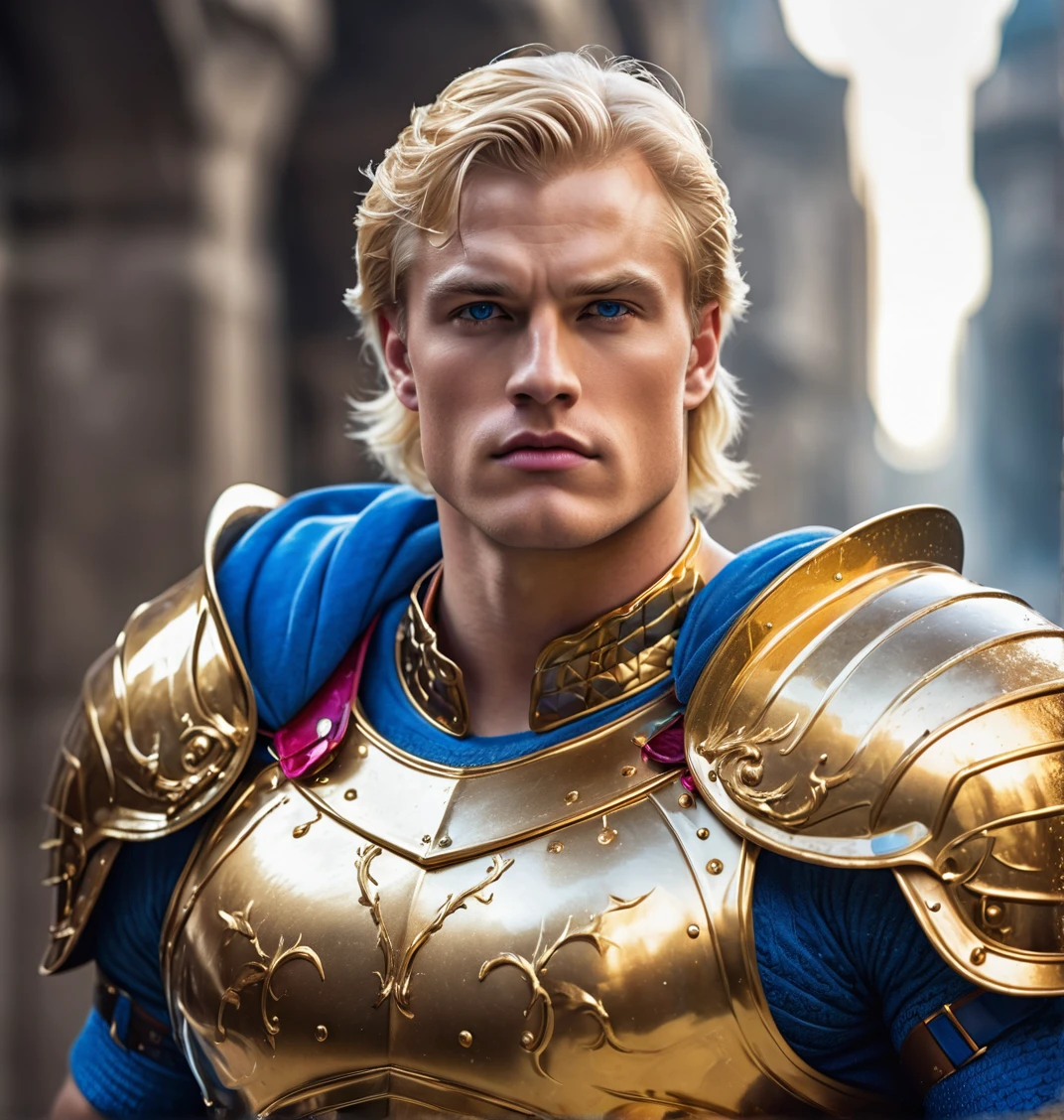knight with golden armor, muscular, white skin, medium blond hair, blue eyes, double chin, defined jaw, rectangular face, six pack abs, with a ruby ​​splash, dreamcore, dark fantasy, 80s film style image