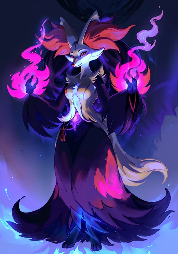 A closeup of a cartoon character with long hair, dark fox wizard, pira, Aura of darkness, painted in the arcane style, arcane art style, full portrait of elementalist, /!\ the sorceress, Glowing black aura, dark sorceress full view, evil aura, sorceress, Pokémon, delphox