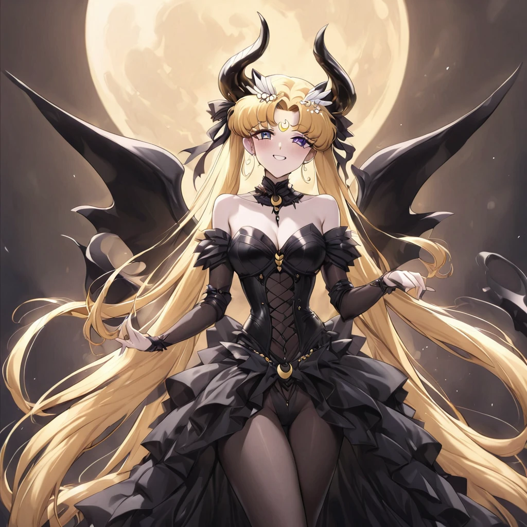 ((Highest quality)), ((masterpiece)), (detailed), (Perfect Face)、The woman is the demon queen princess Serenity, the queen of darkness having sex with the demon king, and the woman is the jet black, sexy demon princess Serenity、The woman is a jet-black female demon with magnificent devil horns, jet-black devil wings, and a jet-black tail. Her skin is jet-black, and she has a black inverted crescent moon mark on her forehead. She is a devil bride wearing a gorgeous black Gothic Victorian wedding dress and a black wedding veil. She is the jet-black demon Princess Serenity, and has blonde hair with a happy expression as she looks at the camera.2The expression of a girl in love with her long hair tied up、She is Princess Serenity、Punishment pose on behalf of the moon