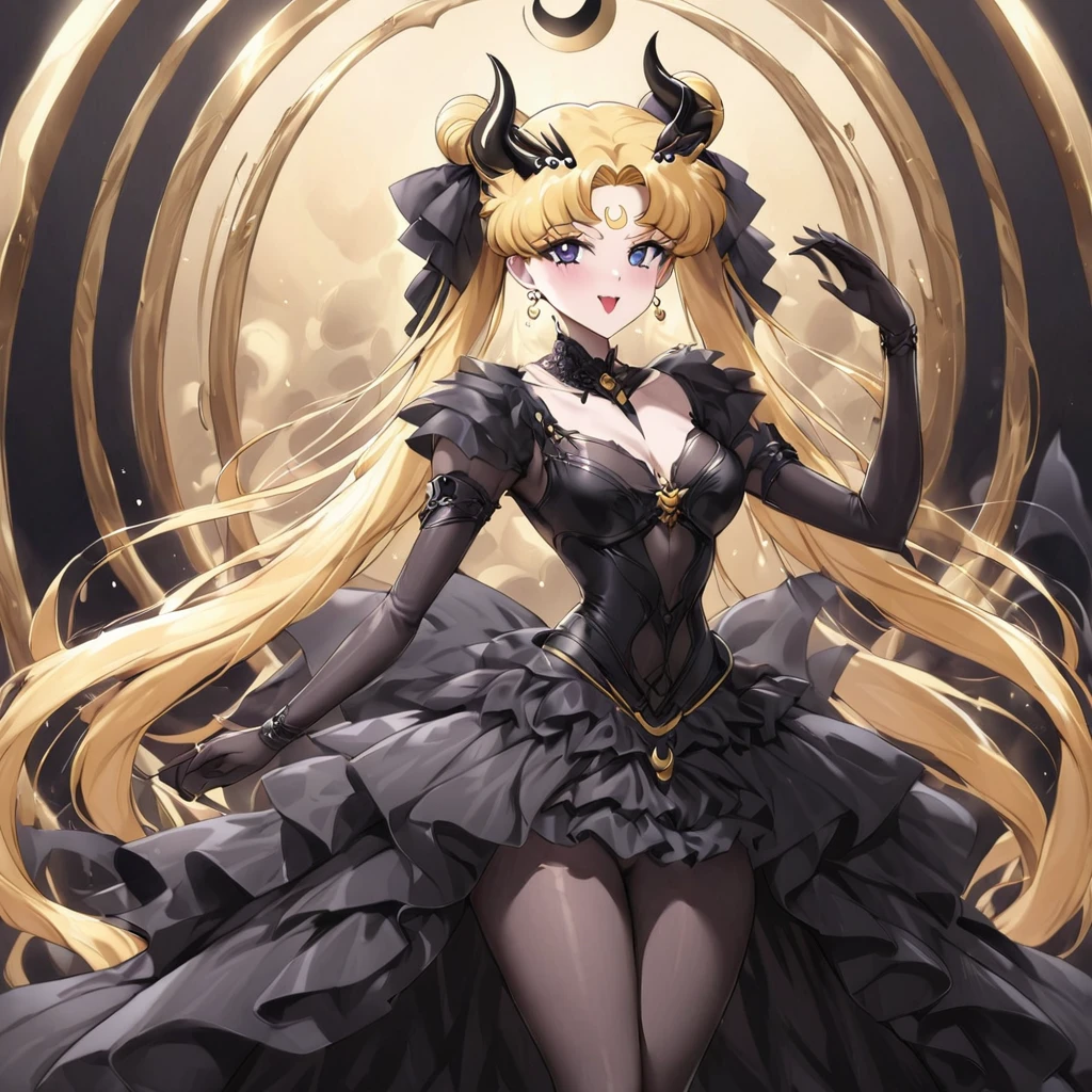 ((Highest quality)), ((masterpiece)), (detailed), （Perfect Face）、The woman is the demon queen princess Serenity, the queen of darkness having sex with the demon king, and the woman is the jet black, sexy demon princess Serenity、The woman is a jet-black female demon with magnificent devil horns, jet-black devil wings, and a jet-black tail. Her skin is jet-black, and she has a black inverted crescent moon mark on her forehead. She is a devil bride wearing a gorgeous black Gothic Victorian wedding dress and a black wedding veil. She is the jet-black demon Princess Serenity, and has blonde hair with a happy expression as she looks at the camera.２The expression of a girl in love with her long hair tied up、She is Princess Serenity、Punishment pose on behalf of the moon