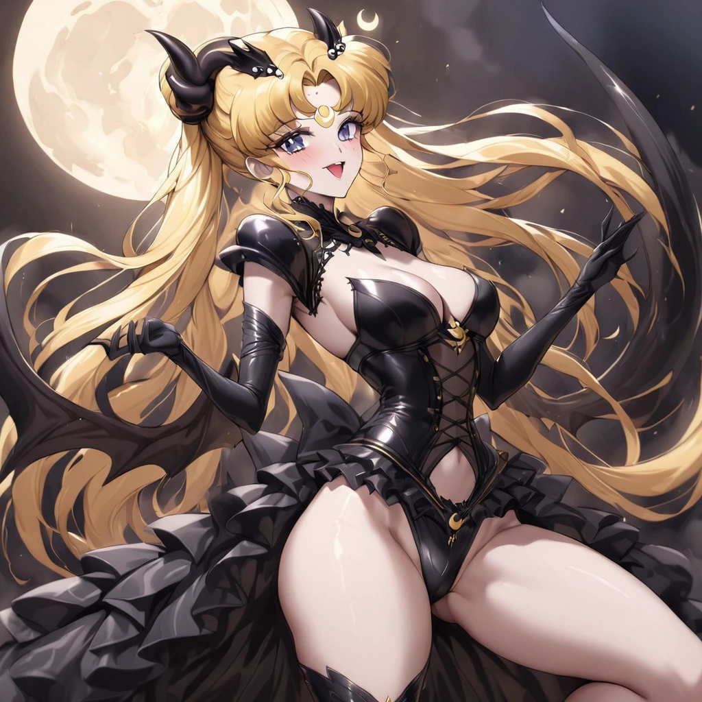 ((Highest quality)), ((masterpiece)), (detailed), (Perfect Face)、The woman is the demon queen princess Serenity, the queen of darkness having sex with the demon king, and the woman is the jet black, sexy demon princess Serenity、The woman is a jet-black female demon with magnificent devil horns, jet-black devil wings, and a jet-black tail. Her skin is jet-black, and she has a black inverted crescent moon mark on her forehead. She is a devil bride wearing a gorgeous black Gothic Victorian wedding dress and a black wedding veil. She is the jet-black demon Princess Serenity, and has blonde hair with a happy expression as she looks at the camera.2The expression of a girl in love with her long hair tied up、She is Princess Serenity、Punishment pose on behalf of the moon