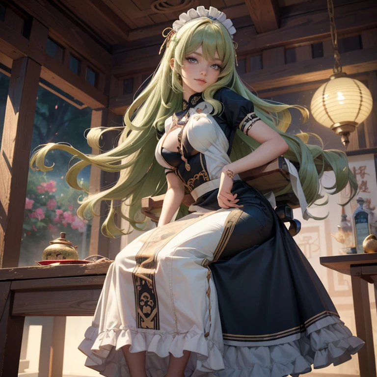 Mobius_(honkai impact 3d), ornament hair, perfectly body, perfectly hands, wave hair, light green hair, long hair, maid, maid dress, maid headdress, maid apron, garden, temple, shrine, outside, Chinese festival scenery, gold lantern, Chinese lantern, fireworks, black dress, more details on her clothes, black dress, golden details, night, smiling, ((4k, masterpiece, top-quality)),8k, best quality, high resolution, HD, (illustration:0.8), super cute girl, delicate and beautiful face, 1girl, solo, mature girl, super cute hairstyle, (beautiful detailed eyes:1.6), extremely detailed face, perfect lighting, extremely detailed CG, (perfect hands, perfect anatomy), Best quality, cleavage, skirt, full Body,