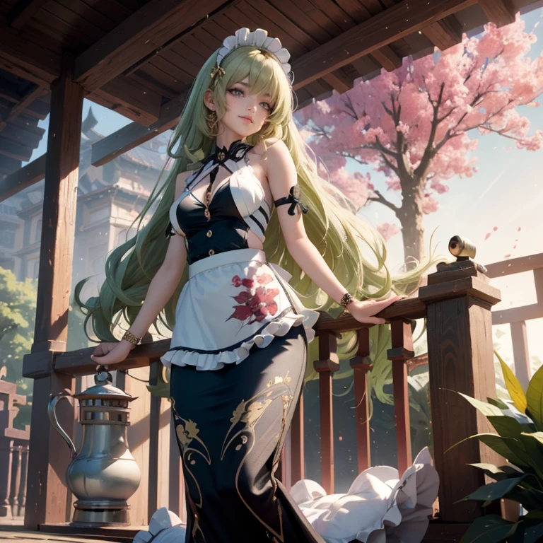 Mobius_(honkai impact 3d), ornament hair, perfectly body, perfectly hands, wave hair, light green hair, long hair, maid, maid dress, maid headdress, maid apron, garden, temple, shrine, outside, Chinese festival scenery, gold lantern, Chinese lantern, fireworks, black dress, more details on her clothes, black dress, golden details, night, smiling, ((4k, masterpiece, top-quality)),8k, best quality, high resolution, HD, (illustration:0.8), super cute girl, delicate and beautiful face, 1girl, solo, mature girl, super cute hairstyle, (beautiful detailed eyes:1.6), extremely detailed face, perfect lighting, extremely detailed CG, (perfect hands, perfect anatomy), Best quality, cleavage, skirt, full Body,