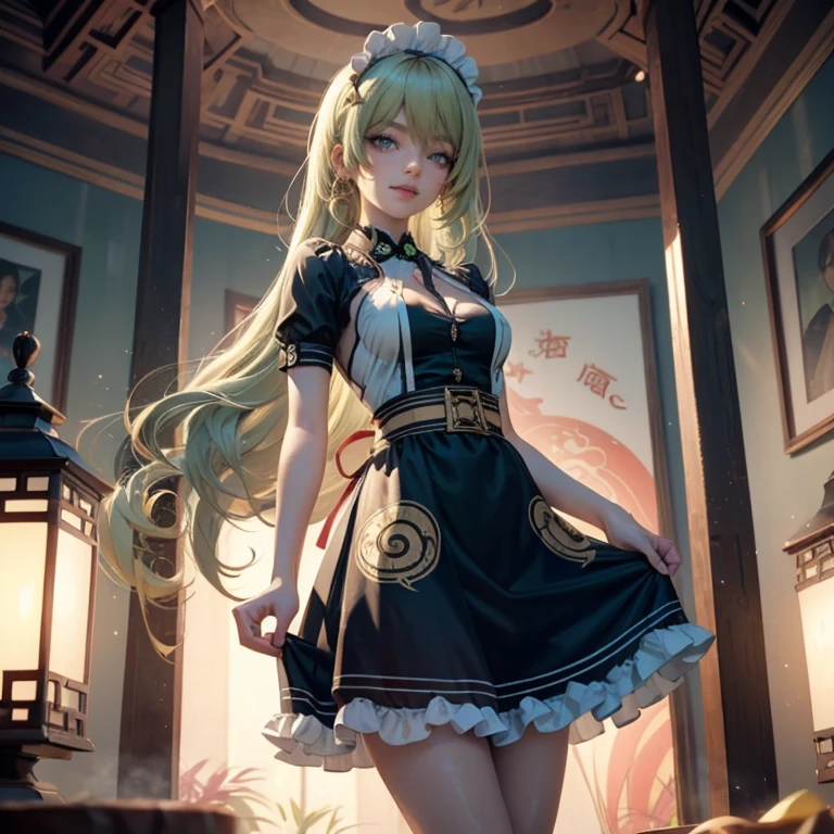 Mobius_(honkai impact 3d), ornament hair, perfectly body, perfectly hands, wave hair, light green hair, long hair, maid, maid dress, maid headdress, maid apron, garden, temple, shrine, outside, Chinese festival scenery, gold lantern, Chinese lantern, fireworks, black dress, more details on her clothes, black dress, golden details, night, smiling, ((4k, masterpiece, top-quality)),8k, best quality, high resolution, HD, (illustration:0.8), super cute girl, delicate and beautiful face, 1girl, solo, mature girl, super cute hairstyle, (beautiful detailed eyes:1.6), extremely detailed face, perfect lighting, extremely detailed CG, (perfect hands, perfect anatomy), Best quality, cleavage, skirt, full Body,