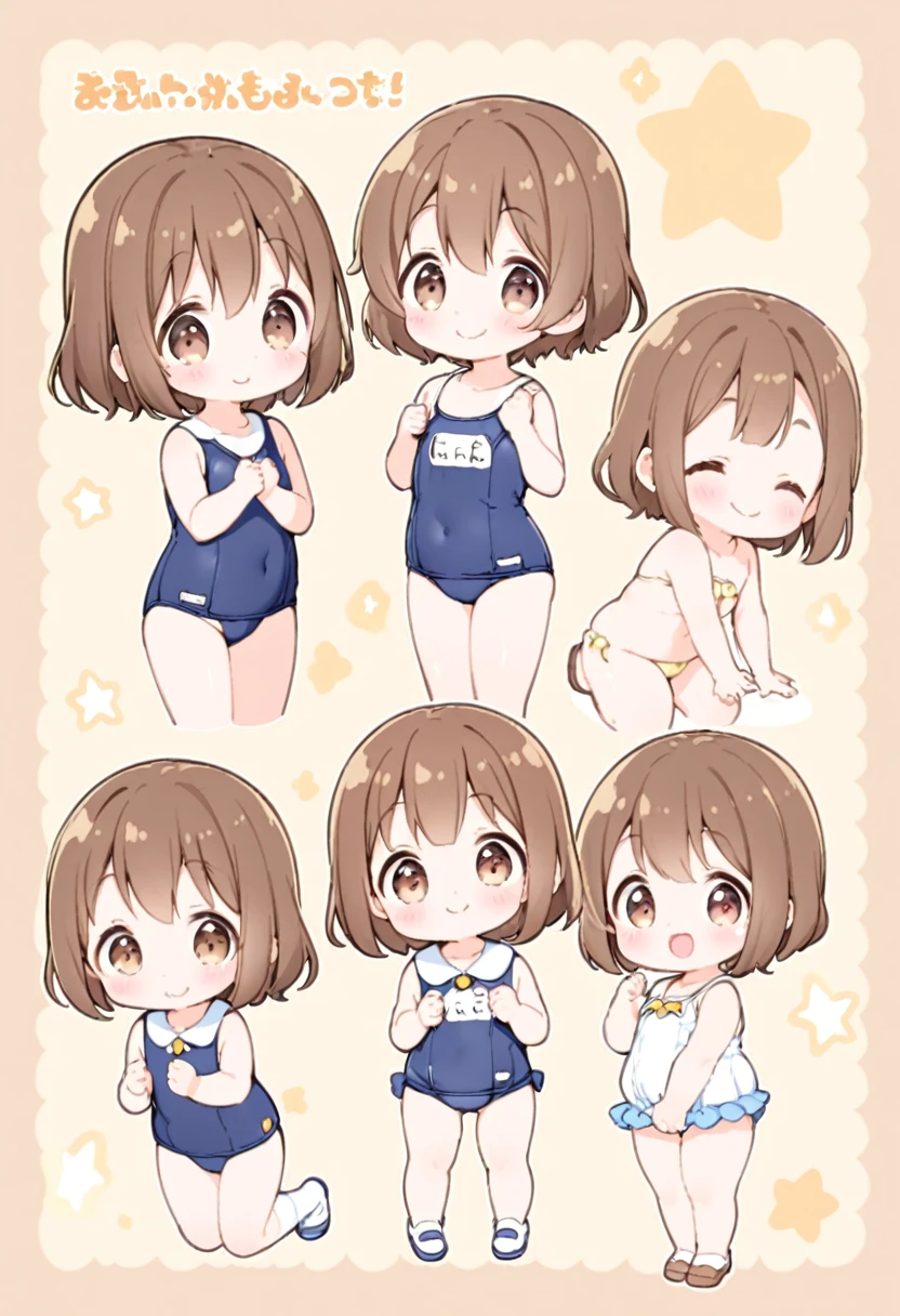 Full body view、、Kindergarteners、Girl about 3 years old、Brown Hair、smile、School swimsuit、Tiny swimsuit