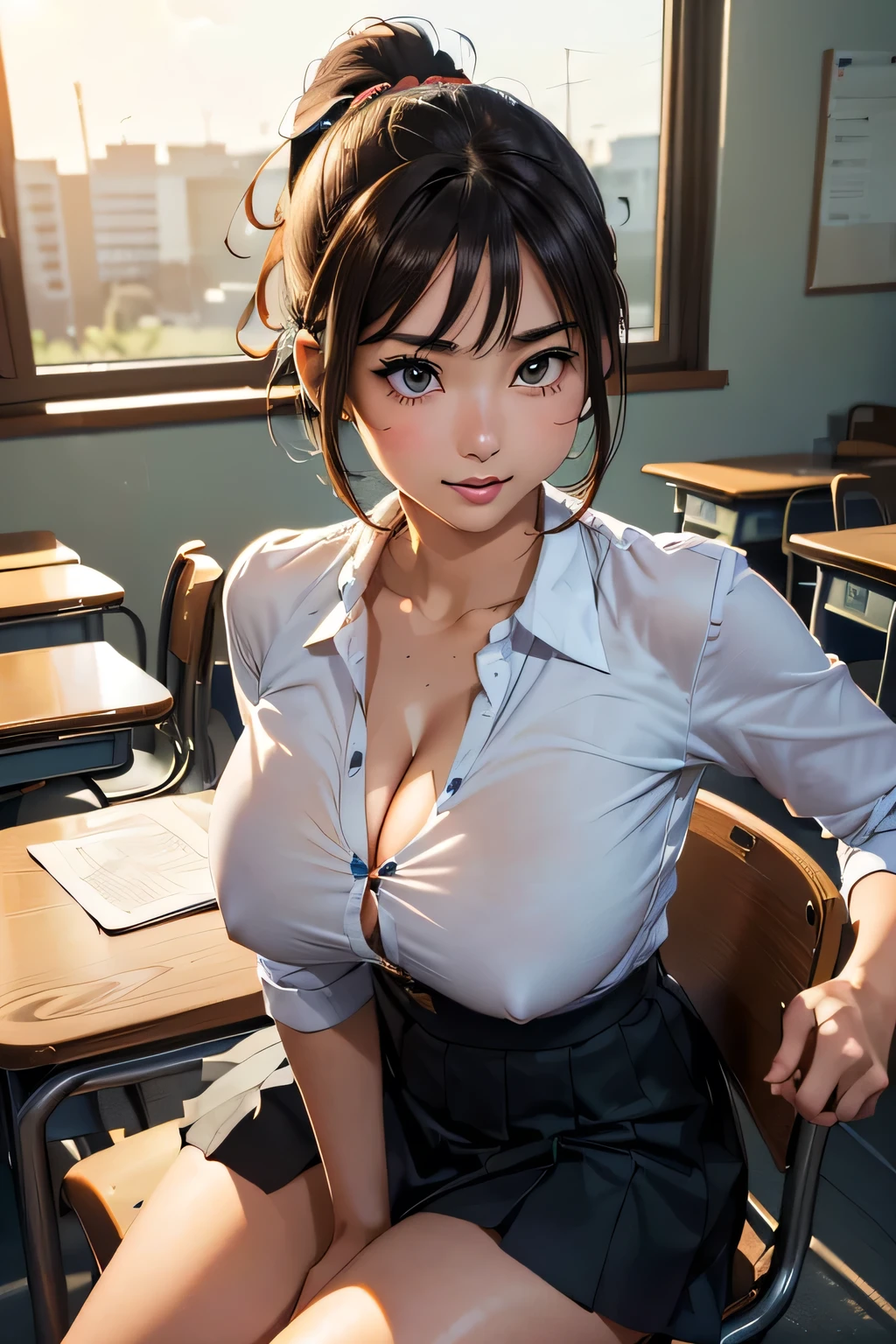Highest quality、High resolution、Detailed Background、(Beautiful face in every detail:1.4)、Anatomically correct、Normal number of fingers、(Detailed facial expressions)、age beauty、(Huge breasts:1.3)、cute hair colors、Brown Hair、Black Hair、ponytail、Bobcut、Perfect body line、sitting on a chair in the classroom、Accentuate your cleavage、Show off your attractive armpits、BIG ASS、The button on his shirt is coming undone、The button is about to burst、Looking at me with a big smile、(Two girls whose shirts are so small that their breasts are about to burst:1.5)、Pleated mini skirt、JK Uniform、Colorful ribbons、Cute gestures、cute