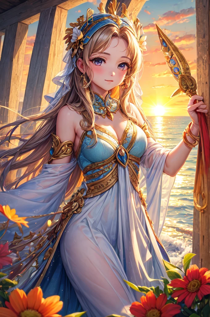 ((best quality)), ((masterpiece)), (detailed), venere vestita, goddess, sunrise at the sea