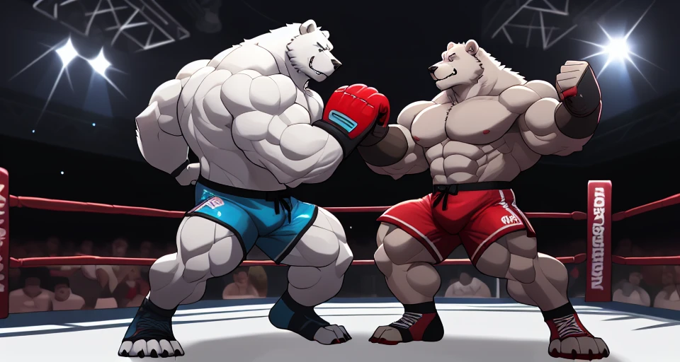 Huge muscular thick white fur Polar Bear bodybuilder shirtless in blue MMA shorts, blue MMA gloves and blue foot wear, muscular Timberwolf bodybuilder shirtless in red MMA shorts, red MMA gloves and red foot wear, at the MMA tournament. MMA Polar bear vs MMA Wolf challenger. Fighting cage match, puch and kick. Two Kickboxing champs.
