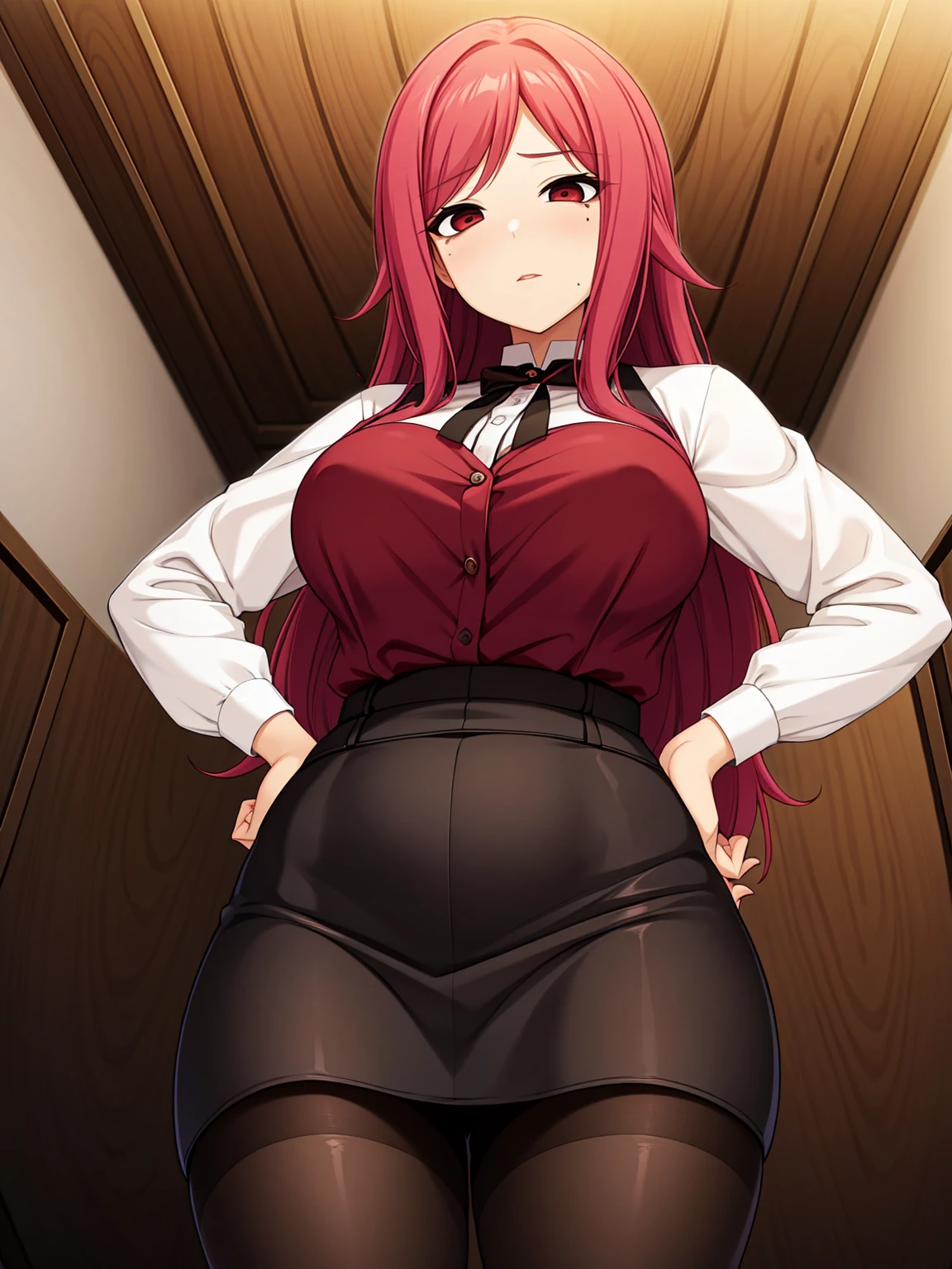 pink-hair red-hair,red-eyes,milf,Droopy eyes.chin mole、big-breast,35-year-old woman、milf、Red ruffled shirt、Black ruffled skirt、、long-hair,straight-hair,standing、red-lips-makeup,、whole body、Plump legs,独奏,Knitted clothing、lace-black-pantyhose,standing,from-below-shot,standing,35years