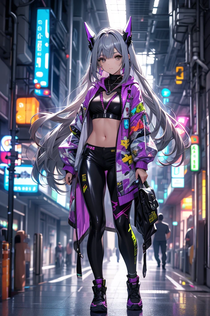 Ultra quality,detailed, Masterpiece, 16k, high resolution, beautiful, amazing, charming, elegant, REST in style 1 girl, 24 years old, The height is 1cm., ((Bust size is 88cm.))
BREAK
(long hairstyle: 1.3), beautiful y delicate cabello suelto,(delicate ,detailed ,(purple|green|Blue|rosa|red|yellow|gray) eyes: 1.2), sparkling eyes, (bright Eyes), (Magic Eyes)
BREAK
(colorful loose hoodie:1.2), futuristic suit, cyber costume BREAK cyber punk, Vibrant, futuristic, neon lights, High-rise buildings, holographic ads