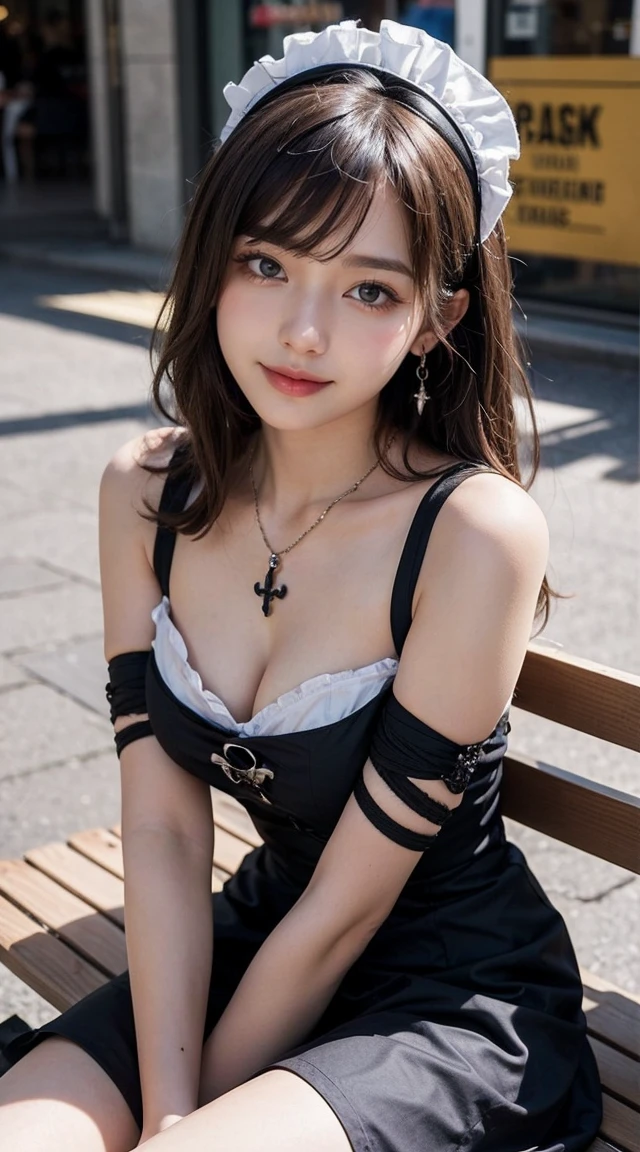 Top-quality Realistic,Official art,Highly detailed CG Unity 8k wallpaper,ultra-detailliert,hight resolution,Physically-based rendering,Magnificat,finely detail,masterpiece,Best Quality,ultra detailed, Face Light,Mature beauty,Beautiful girl,1girl,moist lips,sexy lips,Sexy smile,Gentle smile, 20 years old, Beautiful bare skin,Smooth bare skin,(Beautiful and radiant skin), big well-shaped breasts, beautiful cleavage,beautiful Mature body,swept bangs,(Medium hair:1.3), beautiful detailed eyes,model shoot style,Japanese Idol, Half-body,(In the Shopping mall:1.2),((sitting on the bench seat Near the entrance)),BREAK,nsfw,((Bondage Gothic Maid:1.3)),BREAK,(Heart shaped necklace),(Triangle ornament earrings),BREAK, (gentle smile like a goddess),looking at the camera,shoot from below,seductively posing,(Extreme close-up), sitting, indian style, (show pantie),shoot from front