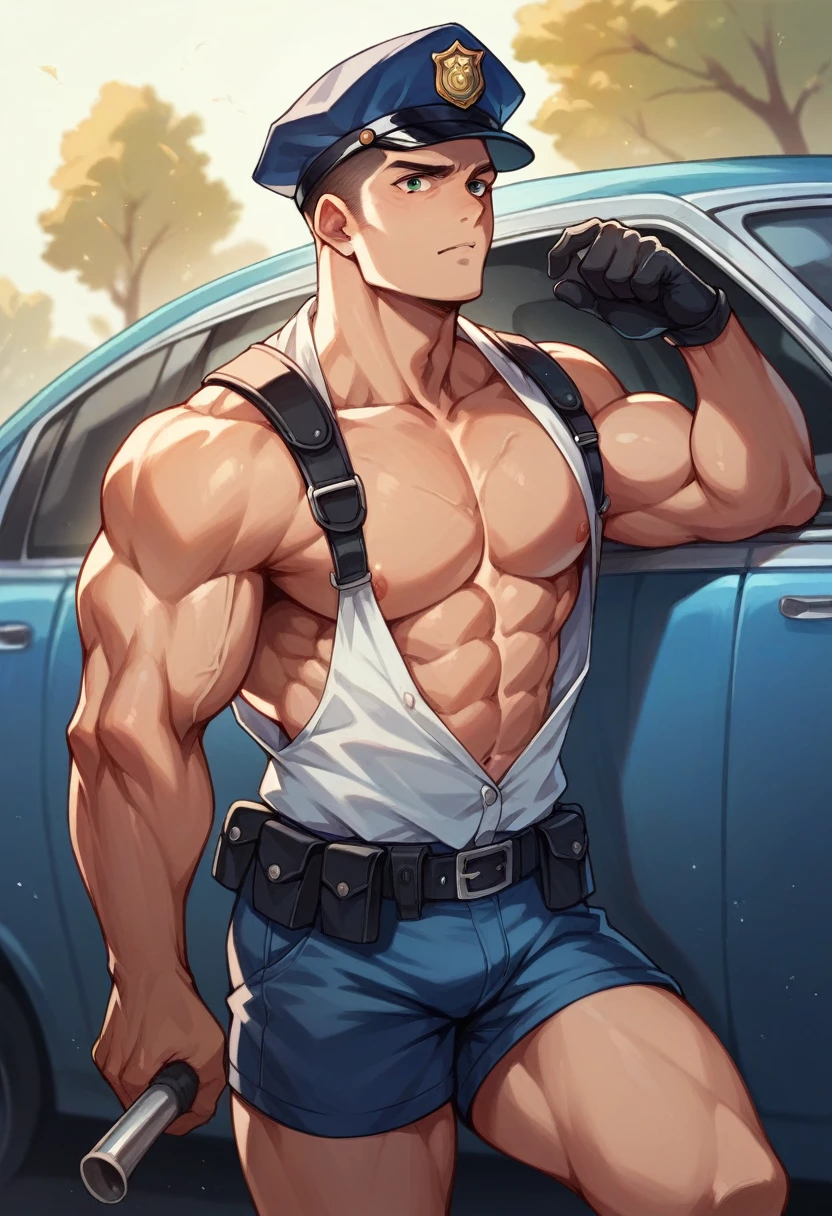 Muscular policeman bare chest in shorts in police car