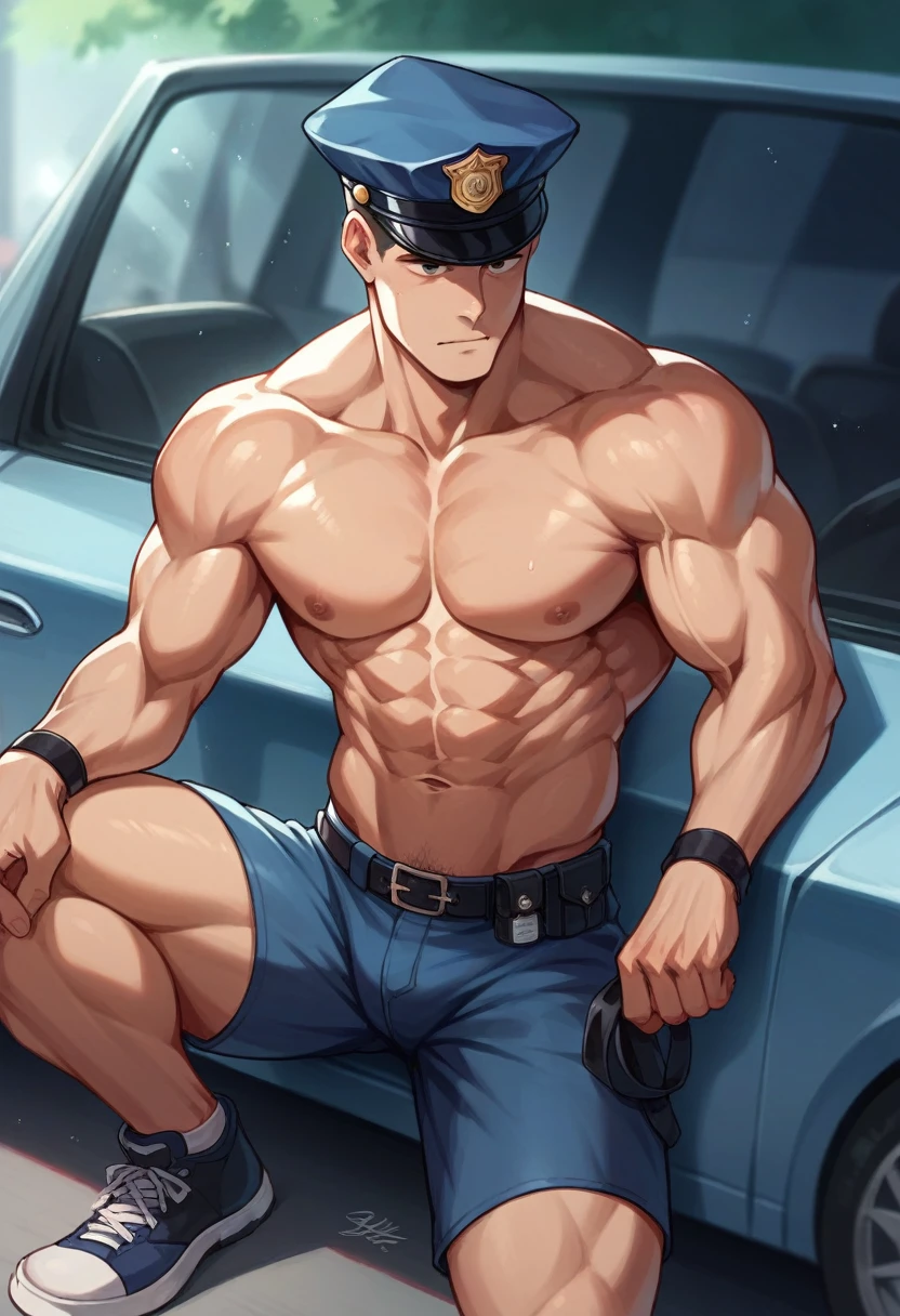 Muscular policeman bare chest in shorts in police car