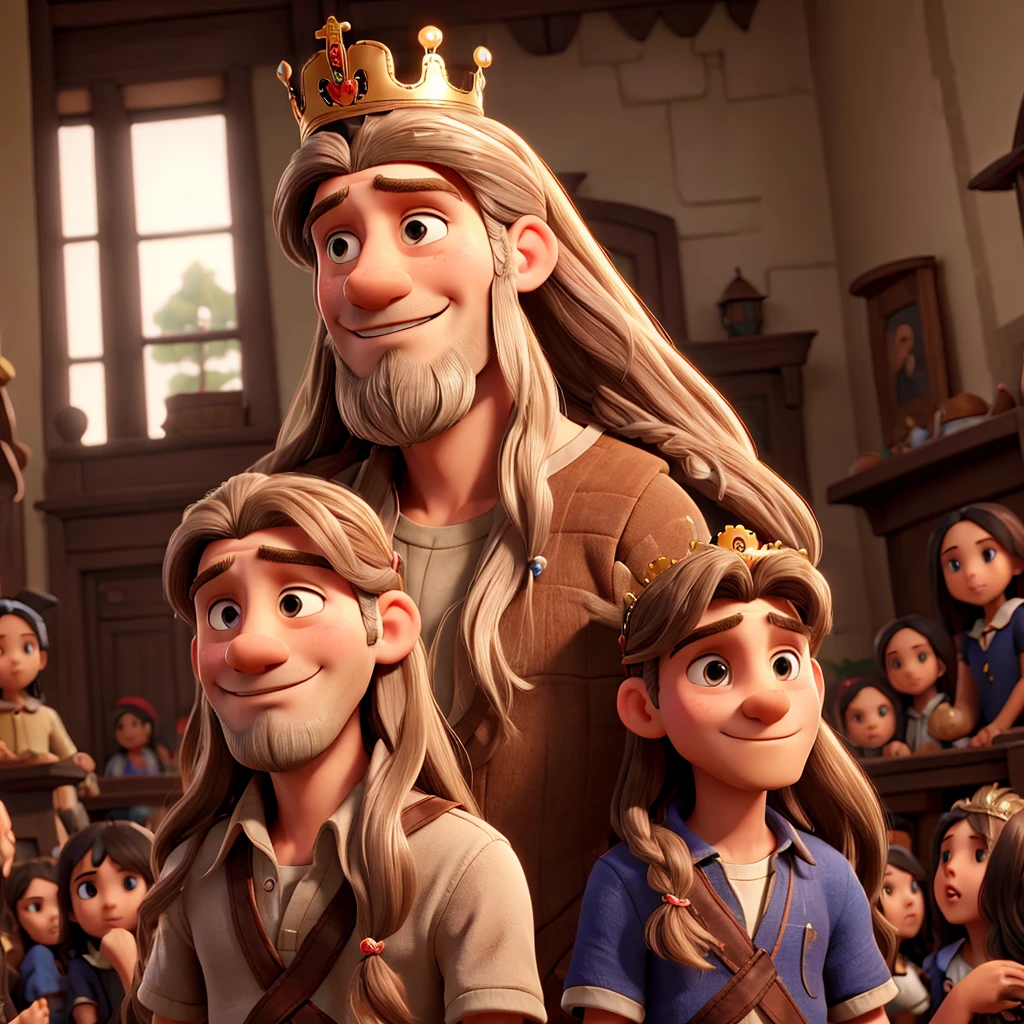 Man with long hair with crown on his head with many children around