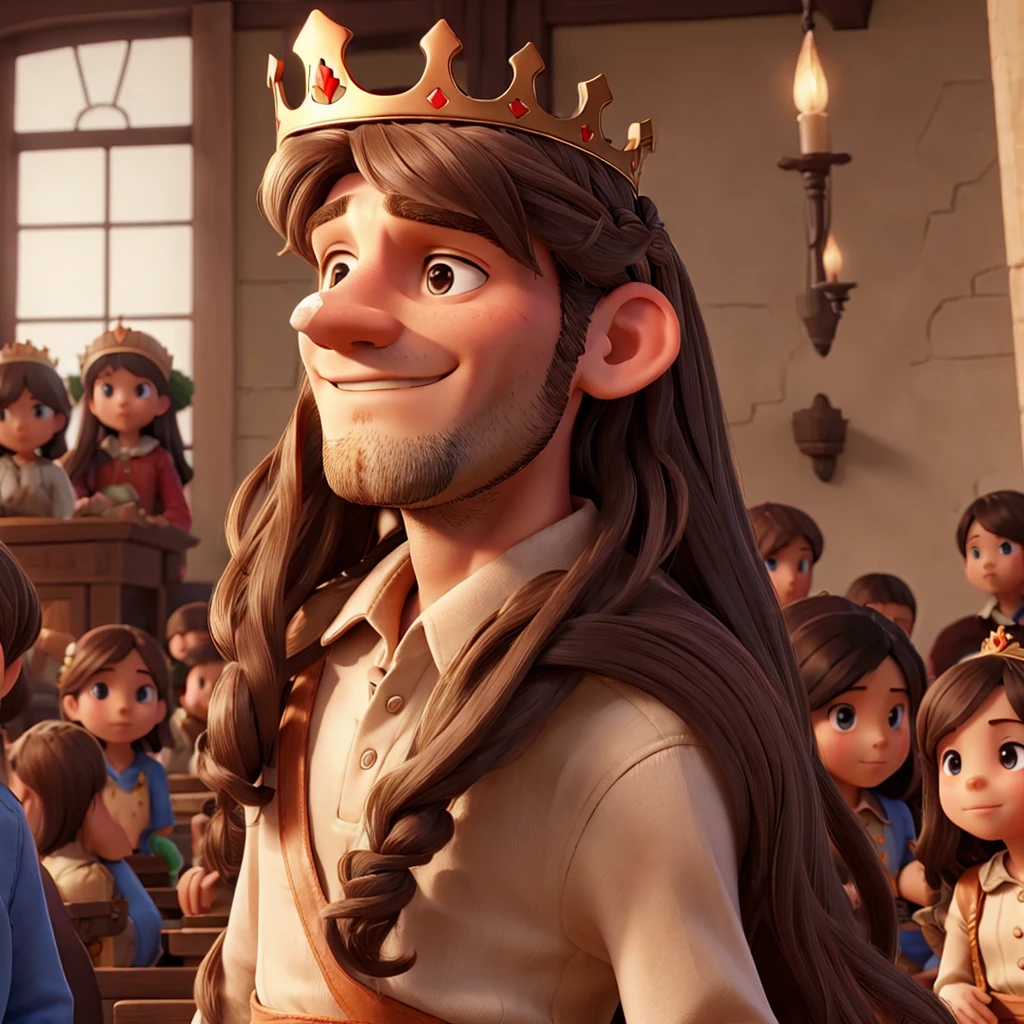 Man with long hair with crown on his head with many children around