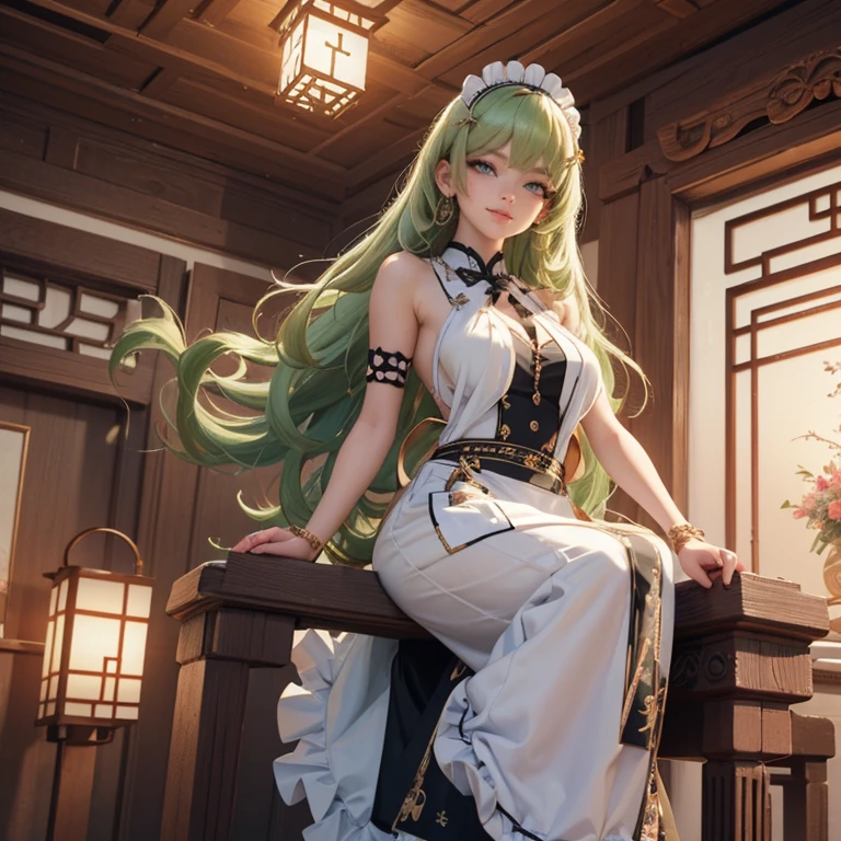 Mobius_(honkai impact 3d), ornament hair, perfectly body, perfectly hands, wave hair, light green hair, long hair, maid, maid dress, maid headdress, maid apron, garden, temple, shrine, outside, Chinese festival scenery, gold lantern, Chinese lantern, fireworks, black dress, more details on her clothes, black dress, golden details, night, smiling, ((4k, masterpiece, top-quality)),8k, best quality, high resolution, HD, (illustration:0.8), super cute girl, delicate and beautiful face, 1girl, solo, mature girl, super cute hairstyle, (beautiful detailed eyes:1.6), extremely detailed face, perfect lighting, extremely detailed CG, (perfect hands, perfect anatomy), Best quality, cleavage, skirt, full Body,