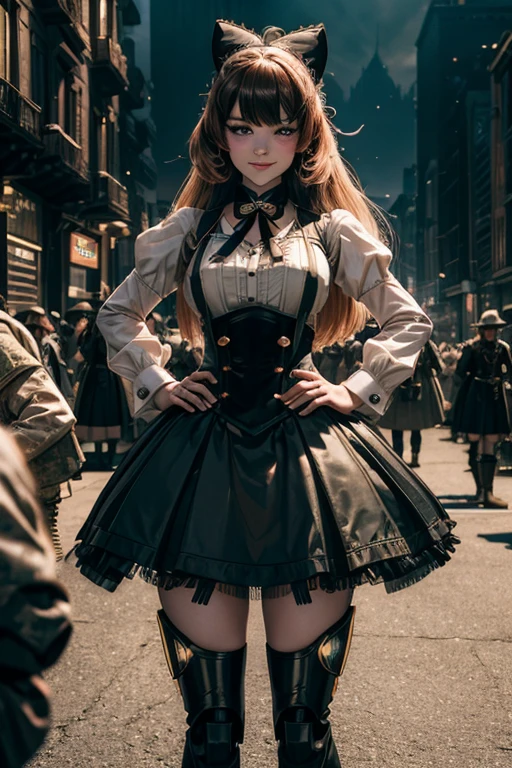 cowboy shot, dynamic pose, smile, underbust, Penny Polendina, long hair, neck ribbon, suspender skirt, corset, black bow, white blouse, mechanical legs, neon trim, standing outside palace, people arriving for lavish gala, hands on hips, large crowd, (((crowd in military dress))), (volumetric lighting), intricate details, tonemapping, sharp focus, hyper detailed,