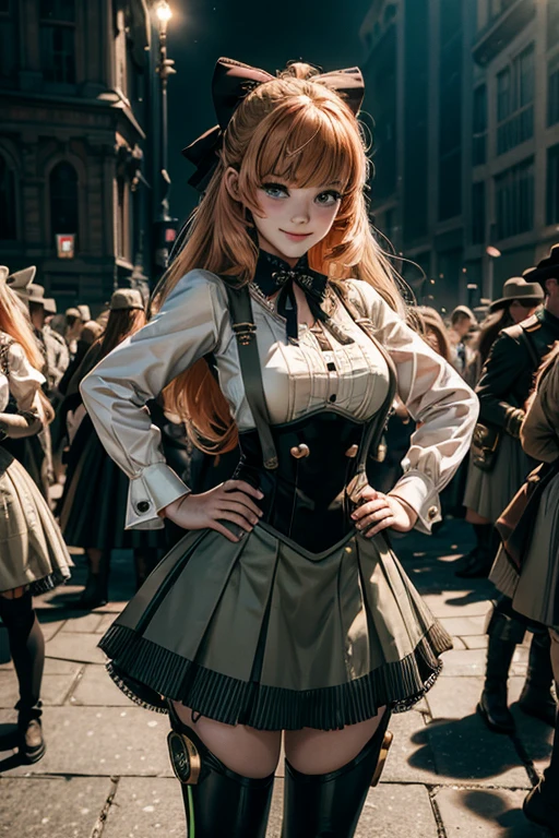cowboy shot, dynamic pose, smile, underbust, Penny Polendina, long hair, neck ribbon, suspender skirt, corset, black bow, white blouse, mechanical legs, neon trim, standing outside palace, people arriving for lavish gala, hands on hips, large crowd, (((crowd in military dress))), (volumetric lighting), intricate details, tonemapping, sharp focus, hyper detailed,