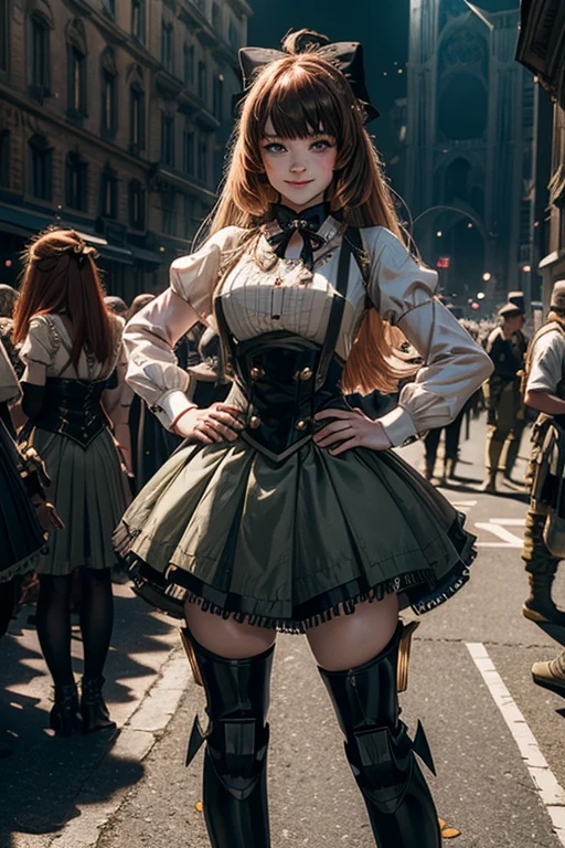cowboy shot, dynamic pose, smile, underbust, Penny Polendina, long hair, neck ribbon, suspender skirt, corset, black bow, white blouse, mechanical legs, neon trim, standing outside palace, people arriving for lavish gala, hands on hips, large crowd, (((crowd in military dress))), (volumetric lighting), intricate details, tonemapping, sharp focus, hyper detailed,