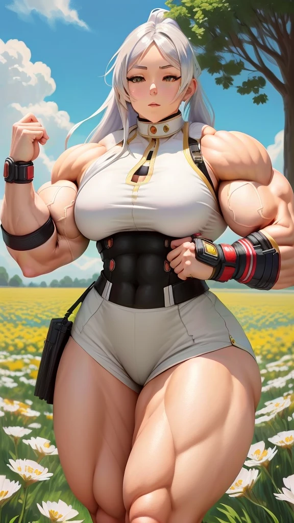 anime girl in a field of flowers with a butterfly in her hand, cushart krenz arte chave feminino, thick, from the azur lane videogame, tifa lockhart with white hair, strongest pose, , azur lane style, soft anime cg art, cottagecore!! Corpo Fitness, highly detailed exquisite fanart, musclegirl, extremamente musclegirl, extremely large physique, pernas extremamente musclegirls,