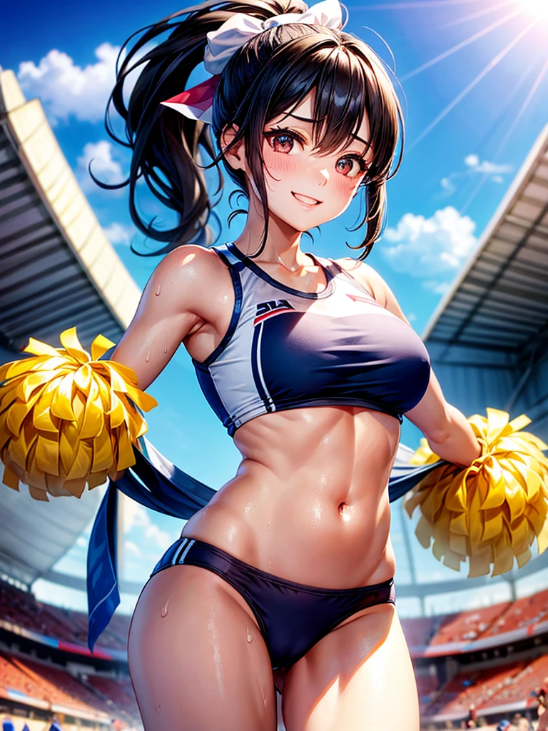 Highest quality,Highest Resolution,Beautiful smiling girl cheerleader holding pom-poms,Sweat flying,Big eyes,Belly on,Underwear that becomes transparent due to sweat,Black hair ponytail,Abdominal muscles,Diagonally below,Arena,support,Outdoor,Sunshine,