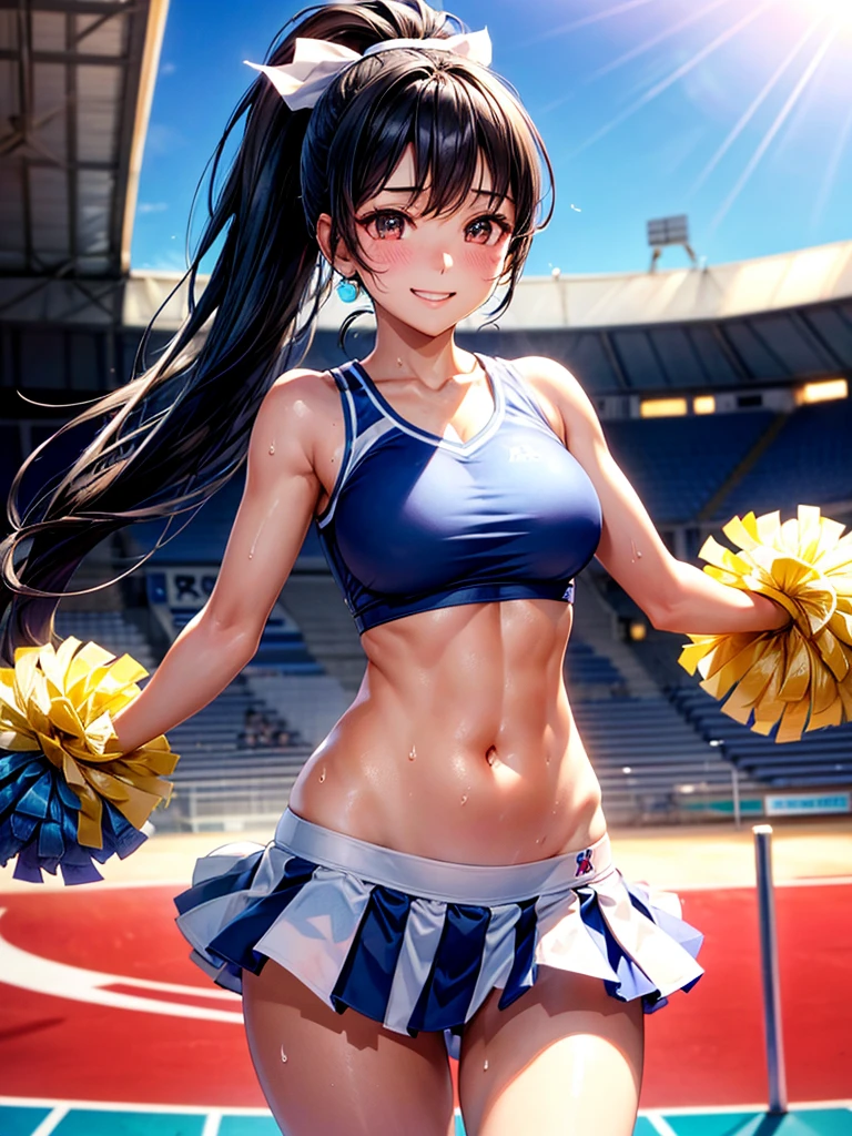 Highest quality,Highest Resolution,Beautiful smiling girl cheerleader holding pom-poms,Sweat flying,Big eyes,Belly button,Underwear that becomes transparent due to sweat,Black hair ponytail,Abdominal muscles,Diagonally below,Arena,support,Outdoor,Sunshine,