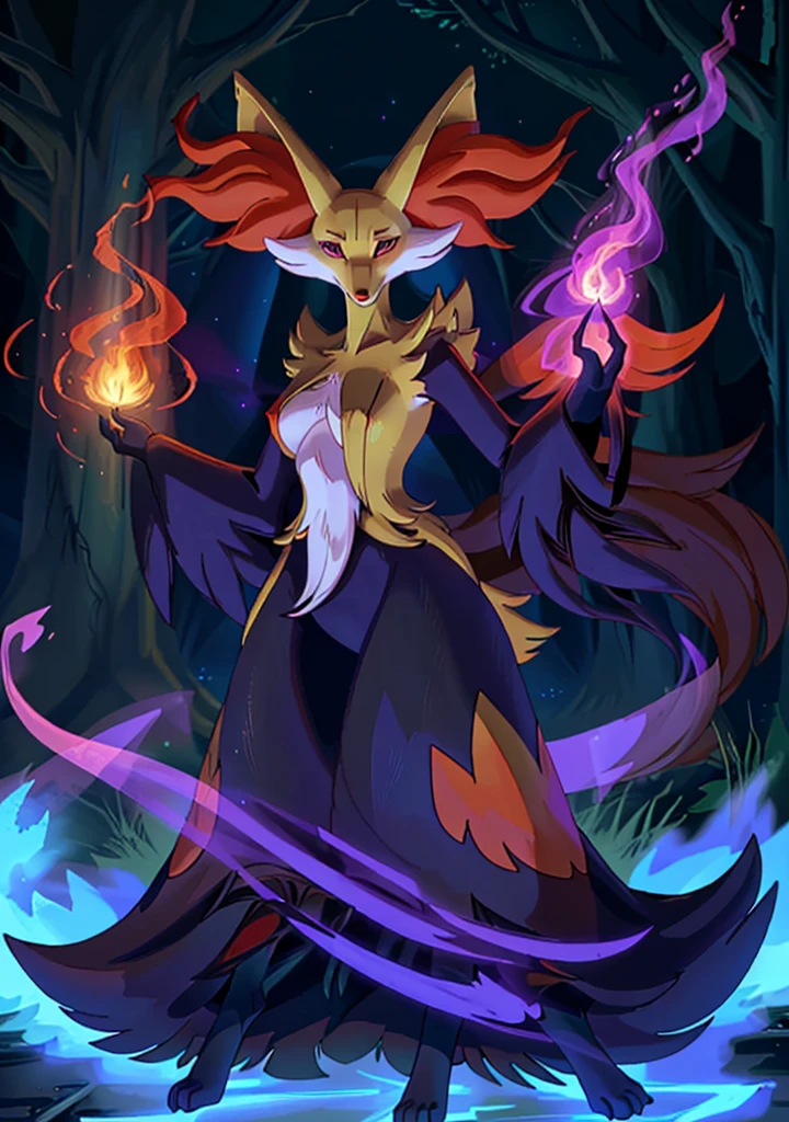 A closeup of a cartoon character with long hair, dark fox wizard, pira, Aura of darkness, painted in the arcane style, arcane art style, full portrait of elementalist, /!\ the sorceress, Glowing black aura, dark sorceress full view, evil aura, sorceress, Pokémon, delphox