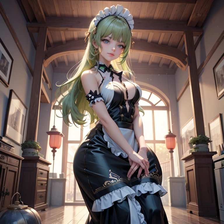 Mobius_(honkai impact 3d), ornament hair, perfectly body, perfectly hands, wave hair, light green hair, long hair, maid, maid dress, maid headdress, maid apron, garden, temple, shrine, outside, Chinese festival scenery, gold lantern, Chinese lantern, fireworks, black dress, more details on her clothes, black dress, golden details, night, smiling, ((4k, masterpiece, top-quality)),8k, best quality, high resolution, HD, (illustration:0.8), super cute girl, delicate and beautiful face, 1girl, solo, mature girl, super cute hairstyle, (beautiful detailed eyes:1.6), extremely detailed face, perfect lighting, extremely detailed CG, (perfect hands, perfect anatomy), Best quality, cleavage, skirt, full Body,