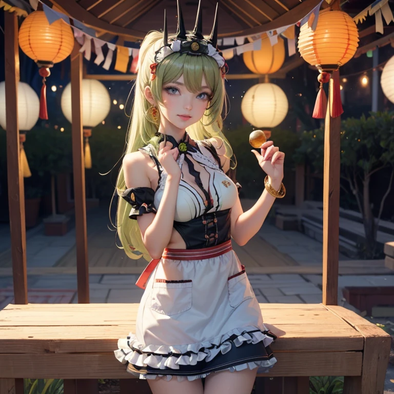 Mobius_(honkai impact 3d), ornament hair, perfectly body, perfectly hands, wave hair, light green hair, long hair, maid, maid dress, maid headdress, maid apron, garden, temple, shrine, outside, Chinese festival scenery, gold lantern, Chinese lantern, fireworks, black dress, more details on her clothes, black dress, golden details, night, smiling, ((4k, masterpiece, top-quality)),8k, best quality, high resolution, HD, (illustration:0.8), super cute girl, delicate and beautiful face, 1girl, solo, mature girl, super cute hairstyle, (beautiful detailed eyes:1.6), extremely detailed face, perfect lighting, extremely detailed CG, (perfect hands, perfect anatomy), Best quality, cleavage, skirt, full Body,