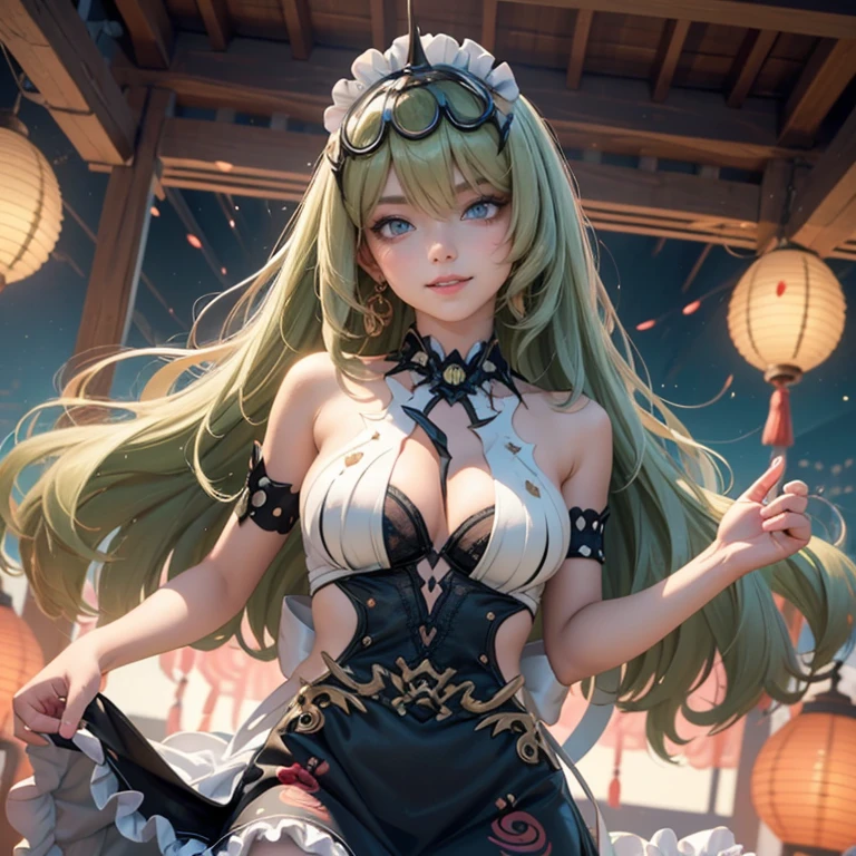 Mobius_(honkai impact 3d), ornament hair, perfectly body, perfectly hands, wave hair, light green hair, long hair, maid, maid dress, maid headdress, maid apron, garden, temple, shrine, outside, Chinese festival scenery, gold lantern, Chinese lantern, fireworks, black dress, more details on her clothes, black dress, golden details, night, smiling, ((4k, masterpiece, top-quality)),8k, best quality, high resolution, HD, (illustration:0.8), super cute girl, delicate and beautiful face, 1girl, solo, mature girl, super cute hairstyle, (beautiful detailed eyes:1.6), extremely detailed face, perfect lighting, extremely detailed CG, (perfect hands, perfect anatomy), Best quality, cleavage, skirt, full Body,