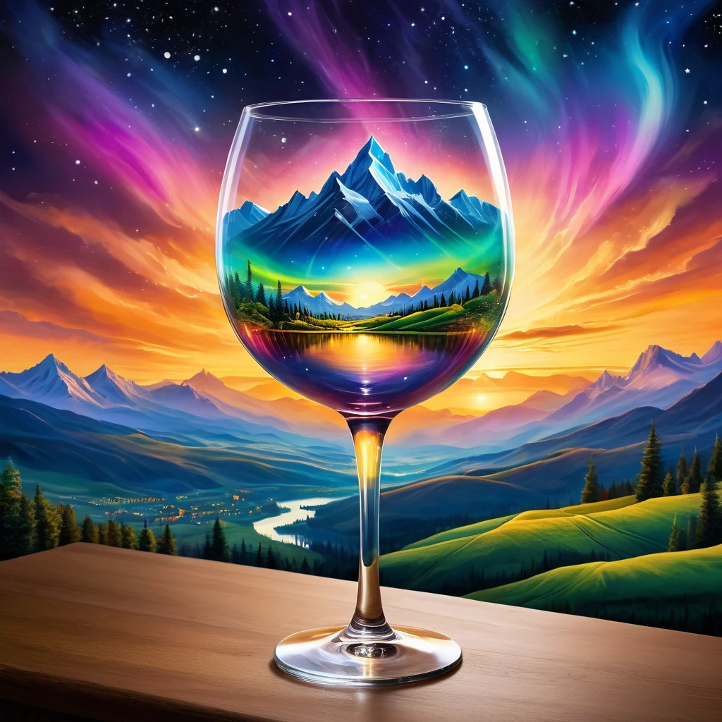 Create a celestial scene within a wine glass, featuring a surreal landscape with mountains and an aurora sky. The background includes a glowing sunset and cityscape. The style should be fantasy with ethereal elements. Hyper realistic photo, super vibrant colors, 16k