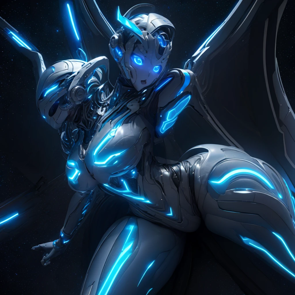 Dronificated unknown girl () in a fully enclosed white latex fullbody suit with blue lights across the suit and star shaped glowing core in the chest, fully enclosed cyber helmet that cover her whole face and hides her identity with a blue screen that has a white star, flat chest, short, open Mechanical wings, in a fores, no face, no hair, no mouth, no eyes, (perfect anatomy)