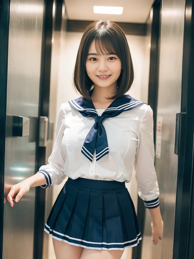 ((In a dimly lit elevator))、lewd smile、(Realistic、Realistic:1.37)、(masterpiece)、(Highest quality:1.4)、(Ultra-high resolution:1.2)、(RAW Photos:1.2)、(Sharp focus:1.3)、(stand:1.2)、elegant、(Ezvian Everywhere:1.2)、(A girl in an elaborate sailor suit and pleated skirt:1.3)、Japanese 、(30-year-old cosplays as a high school girl:1.1)、(smile:1.3)、(Makes hair shine:1.3)、 Brown haired、Bobcut、 Short pleated skirt、
(Big Breasts:1.2),、Beautiful and delicate eyes、 View your audience、(Photographer secretly taking pictures of underwear under a skirt、A woman smiles as she notices this)