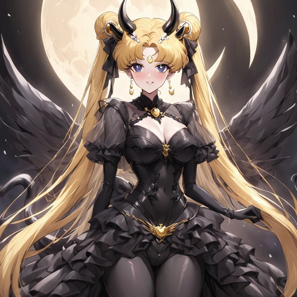 ((Highest quality)), ((masterpiece)), (detailed), (Perfect Face)、The woman is the demon queen princess Serenity, the queen of darkness having sex with the demon king, and the woman is the jet black, sexy demon princess Serenity、The woman is a jet-black female demon with magnificent devil horns, jet-black devil wings, and a jet-black tail. Her skin is jet-black, and she has a black inverted crescent moon mark on her forehead. She is a devil bride wearing a gorgeous black Gothic Victorian wedding dress and a black wedding veil. She is the jet-black demon Princess Serenity, and has blonde hair with a happy expression as she looks at the camera.2The expression of a girl in love with her long hair tied up、She is Princess Serenity、Punishment pose on behalf of the moon