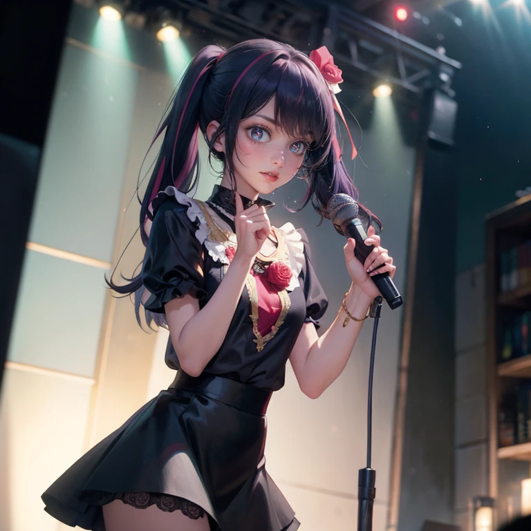 1girl, Ai Hoshino_(Oshi no Ko), centered girl, perfectly body, perfectly hands, solo, jewelry, magenta roses, rabbit jewel on her hair, ornament hair, twintails, rabbit jewel on her hair, purple hair, long hair, long flowing hair, floating hair, ornament hair, perfectly body, perfectly hands, rose on hair, magenta rose on hair, Looking at the audience, flowing hair, Beautiful Eyes, Plump and glossy lips, Idol, black dress with too many frills, black dress, magenta laces, black Short skirt, small skirt, black skirt with layers, Drape clothes, magenta gem, Lace trim, bright stage, luxury gold details, gold jewelry, more details, best quality, Big sparkling eyes, blushing, black Striped Lace Stockings, black ta skirt, sparkle, solo, centered girl, cowboy shot, perfectly body, perfectly hands, two arms, two legs, two hands, five fingers, perfect anatomy, glowing hair, magenta roses, on the stage, sparkles, more details on her clothes, black dress with transparency, golden details on her dress, night, holding a microphone, ((4k, masterpiece, top-quality)), 8k, best quality, high resolution, UHD, (illustration:0.8), super cute girl, delicate and beautiful face, mature girl, super cute hairstyle, (beautiful detailed eyes:1.6), extremely detailed face, perfect lighting, extremely detailed CG, (perfect hands, perfect anatomy), Best quality, cleavage