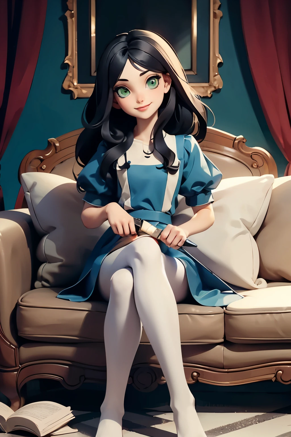 AliceMadness,long black hair, green eyes, blue dress, white apron, striped pantyhose, looking at viewer, smiling, teeth, sitting, on sofa, legs crossed, holding a knife, inside cozy living room, playful ambiance, high quality, masterpiece 