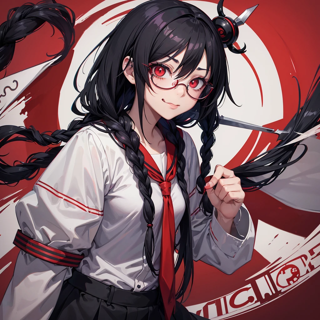 girl similar to gorillaz noodle, long black hair with braids ((drawing)), ((anime girl nose)) , Create an anime-style character with dark hair tied in two braids and glasses with red spiral patterns on the lenses. The character should have wide-open eyes with red spiral pupils, creating a hypnotic and disturbing appearance. The expression should be a wide, troubled smile with the tongue hanging out. The character should be holding scissors, cutting his own tongue with blood gushing from the cut. Use a color palette of mostly gray tones with bright red accents in the eyes, tongue, and blood. The character should be wearing a sailor-style . The background should be simple and dark, focusing on the character and his disturbing actions."