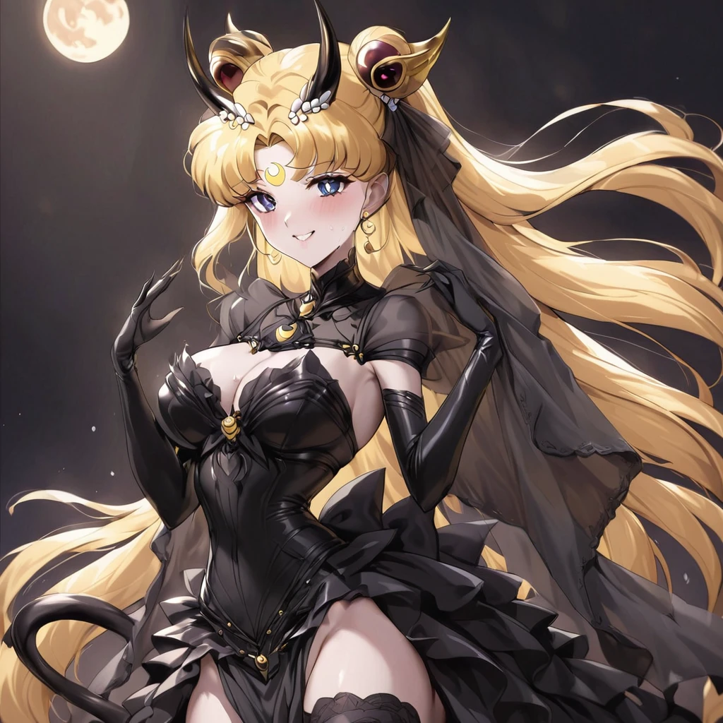 ((Highest quality)), ((masterpiece)), (detailed), (Perfect Face)、The woman is the demon queen princess Serenity, the queen of darkness having sex with the demon king, and the woman is the jet black, sexy demon princess Serenity、The woman is a jet-black female demon with magnificent devil horns, jet-black devil wings, and a jet-black tail. Her skin is jet-black, and she has a black inverted crescent moon mark on her forehead. She is a devil bride wearing a gorgeous black Gothic Victorian wedding dress and a black wedding veil. She is the jet-black demon Princess Serenity, and has blonde hair with a happy expression as she looks at the camera.2The expression of a girl in love with her long hair tied up、She is Princess Serenity、Punishment pose on behalf of the moon
