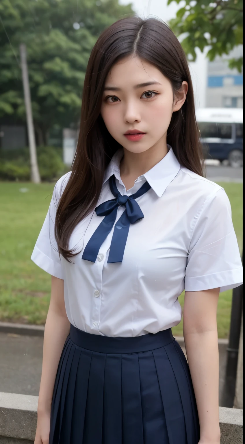 (high quality), (Realistic photos)、((Rainy nature park:1.5))、((Dark rainy sky:1.4))、((Rain-soaked hair:1.4))、((A Japanese man talks to a confused high school girl and her:1.4)) 、((A long-haired high school girl wearing a Japanese uniform:1.4))、((Photographed from the front:1.4))、((A high school girl wearing a dark blue bow tie:1.4))、blush、Cleft lip、Looking at the audience、Semi Body Shot、(National High School Designated Shoes)、(High school girl in a navy blue short pleated skirt:1.5)、(学生用半袖whiteシャツの女子高校生)、 (High school girl wearing a dark blue bow tie:1.2)、(((High School Girl Uniform 1.4)))、(((White short sleeve low cut button front shirt、Dark blue ribbon:1.5)))、((whiteのシャツ:1.4))、((Ultra micro mini dark blue pleated skirt)) 、((whiteＴJapanese man wearing a shirt and denim pants:1.4))、((in a natural park:1.4))、Daytime、((A high school girl glares at a Japanese man:1.7))、((A high school girl wearing a navy blue pleated skirt:1.4))、((Medium-sized high school girl:1.4))、((A high school girl with a confused expression:1.4))、