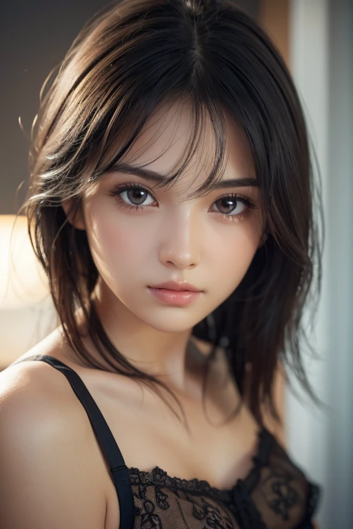 (Masterpiece, Top Quality), 1 MILF, Solo, Breasts, looking at Viewer, Short Hair, Big Breasts, cleavage, Black Hair, Gloves, Brown Eyes, Multicolored Hair, Two-tone Hair, Lips, Makeup, Lipstick, blush , ribbed sweater, real: 1.5, (from above:2.0,face close-up: 1.5),