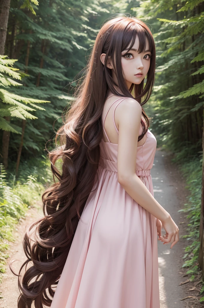 A 2D pole inspired by the Naruto anime, One with long loose curly hair, eyes browns, wearing a coquette pink dress, behind a forest