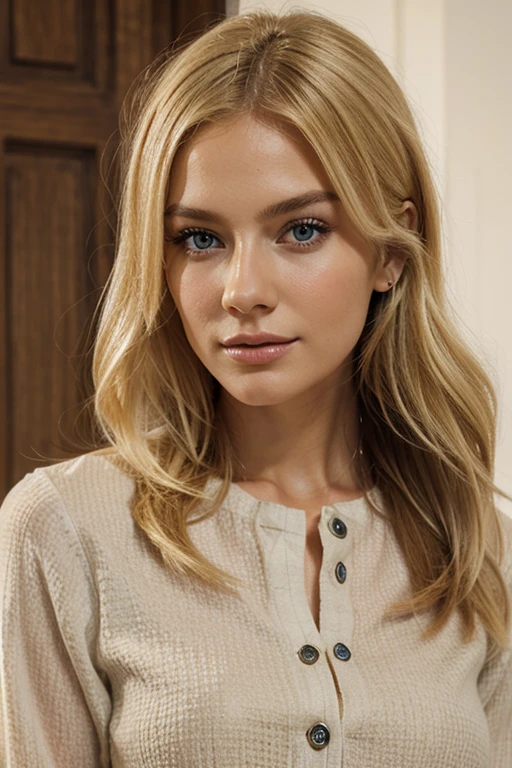 make a blonde woman, with European features and elegant clothes