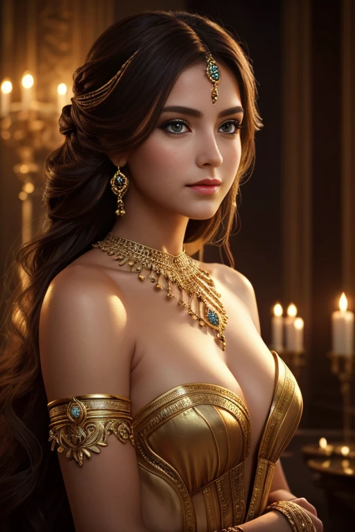 a beautiful woman, perfect face, detailed eyes, seductive expression, luxurious hair, natural beauty,2nd century BC elegant attire, alluring pose, dramatic lighting, cinematic composition, vibrant colors, fantasy art style, photorealistic, 8k, best quality, masterpiece