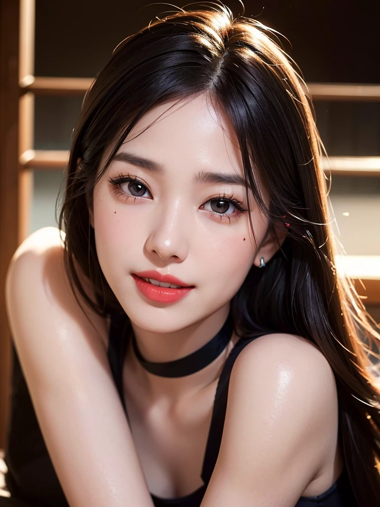 1girl, alone, solitary, high quality, (best quality,4k,8k,highres,masterpiece:1.2),ultra-detailed,(realistic,photorealistic,photo-realistic:1.37),gorgeous hair,black hair,long straight hair with bangs,sharp eyes,mole under the eye,plump lips,jewelry,(high detailed skin:1.4),(rim lighting:1.3),(lit:1.3),(sunny day:1.3),portrait,beautiful lips,waist-length hair,seductive gaze,moles,casual clothes,colorful clothing,close up,super long hair,choker necklace,tattoos,tattooed,light eyes,bangs,fringe,20 year old,dimples on the cheeks,dimples,black hair,darkblackhair,dark jet black hair,black,dark hair,beautiful smile,perfect teeth,straight teeth,perfect sized teeth,dazzling smile,red lips,red lipstick