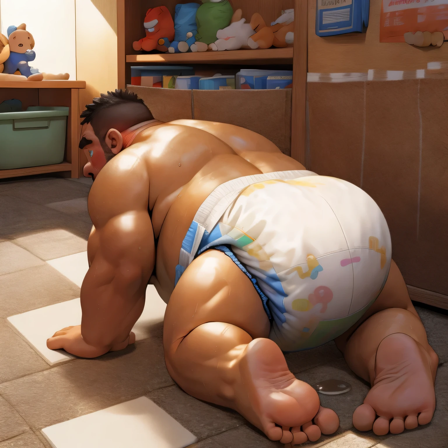 masterpiece, Top quality, in 32K, perfect anatomy, hyper detailed, super fine illustration, The thick man is a brutal prisoner, retarded, hairy human, 50yo in Japan, (fatness: 1.0), Fatty muscle, Bowleg, disappointment, incontinent, shy, sissy, Weaker than children, Drool, Round face, be diaper check by children, waddle, There is a small puddle under him, incontinent, Naked, short legs, Bowleg, spread legs, wear a White cloth Diaper, Bare belly, Bare legs, Bare foots, Bare soles, Shirtless, wide forehead and short thinning hair, Man with round face with stubble, Bare foots, Bare soles, He enters nursery school and is despised by children, He surrounded by children, His bottom is wet, Bare foots, big butt, he is scolded by the children, White Diaper, He surrounded by children, sobbing, wear a White cloth Diaper, shirtless, There is a small puddle under him, He enters nursery school and is despised by children, big butt, sobbing, He crawling to go to children, on all fours, side view