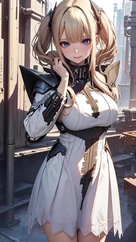 (dynamic fighting pose),(leather boots,(asymmetrical mecha armor),(long embroidered white lace dress,see through,lift up the hem of the dress)),(random hairstyle),(Thin type:1.8),(large breasts),(Highest image quality,(8K), Ultra-realistic, Best Quality, High quality, High Definition, high quality texture, high detailing, Beautiful detailed, fine detailed, extremely details CG, Detailed texture, realistic representation of face, masterpiece, presence)