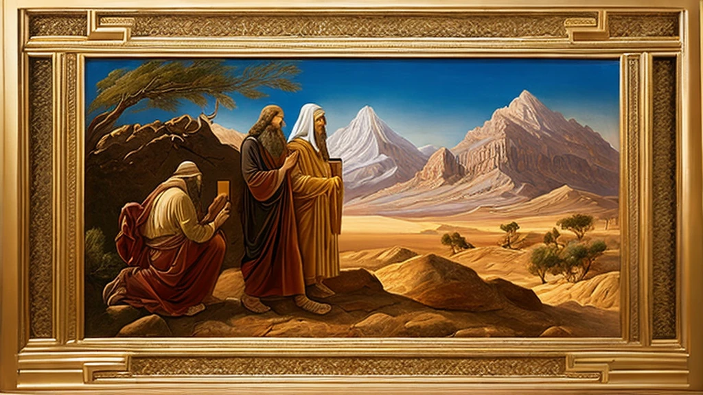 Create an image about the Book of Deuteronomy, part of the Jewish Torah. Considere os seguintes elementos: Moses speaking: Show Moses on a hill or mountain, with a desert scene in the background. Tablets of the Law: Feature the Tablets of the Ten Commandments, being held by Moses. Visual Context: Use a desert setting with mountains in the background to represent the landscape of the Promised Land. Add symbolic elements like scrolls or the Ark of the Covenant. artistic style: Opt for an artistic style that combines realism with touches of traditional biblical art. Use warm, natural colors, like shades of brown, gold and light blue. texto: Include the title “Book of Deuteronomy” in clear, legible letters, positioned at the top or bottom of the image. Use a classic font that conveys seriousness and reverence. Jewish symbols: Discreetly Add Jewish Symbols, like the Star of David or the Menorah, to reinforce the religious context.